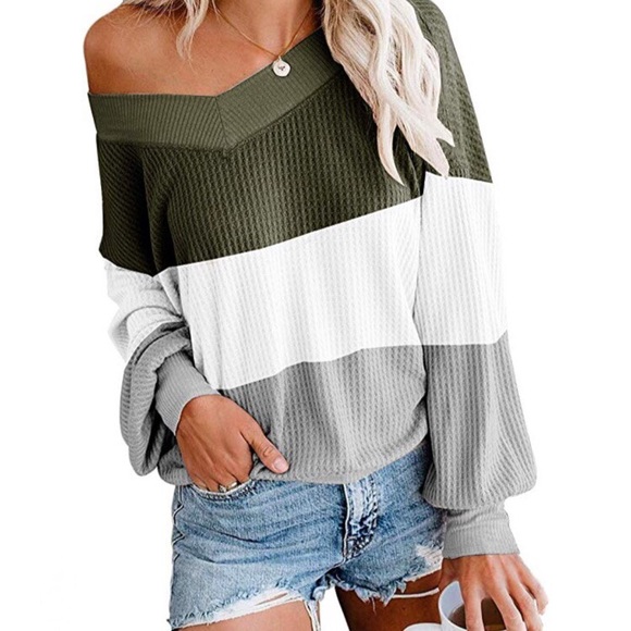 Sweaters - Colorblock Waffle Knit Off Shoulder Sweater